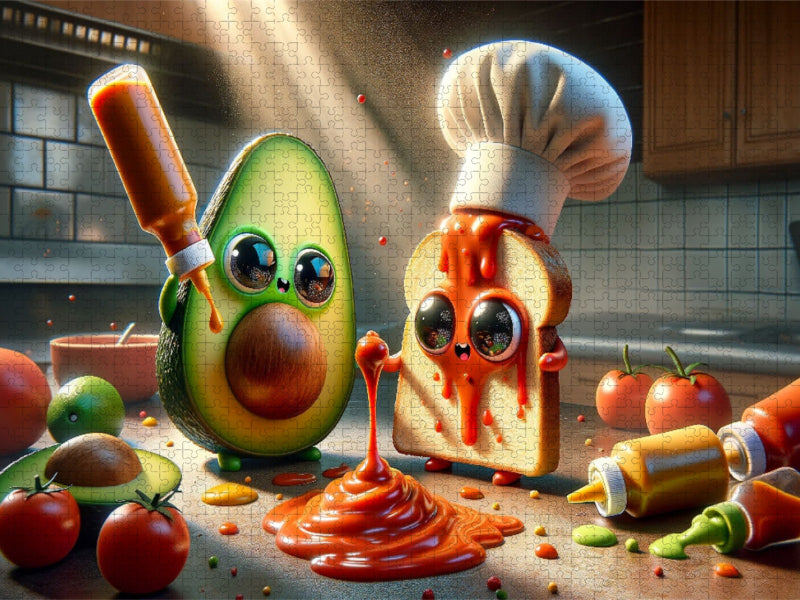 Saucen-Explosion im Sonnenlicht: Avocado und Toast in der Ketchup-Krise - CALVENDO Foto-Puzzle'