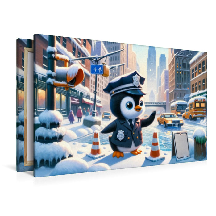 Premium Textil-Leinwand Wächter des Winters: Der Pinguin Polizeikommissar im verschneiten Stadtzentrum