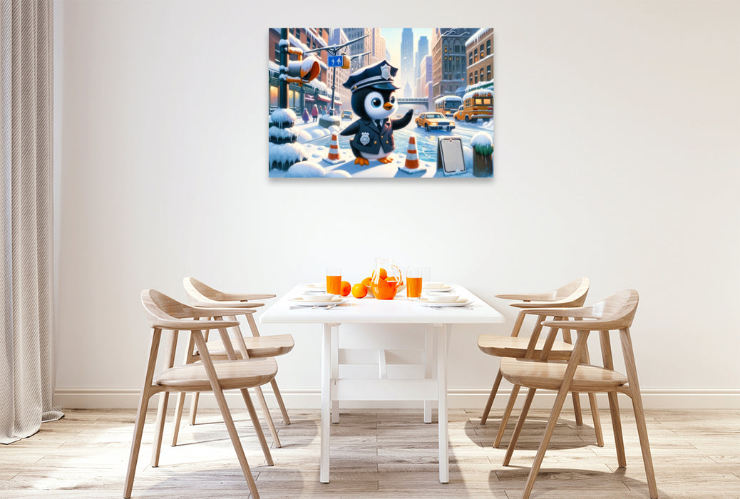 Premium Textil-Leinwand Wächter des Winters: Der Pinguin Polizeikommissar im verschneiten Stadtzentrum
