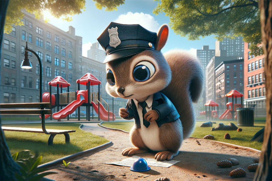Premium Textil-Leinwand Ordnungshüter des Spielplatzes: Das fleißige Eichhörnchen und sein Polizeibericht