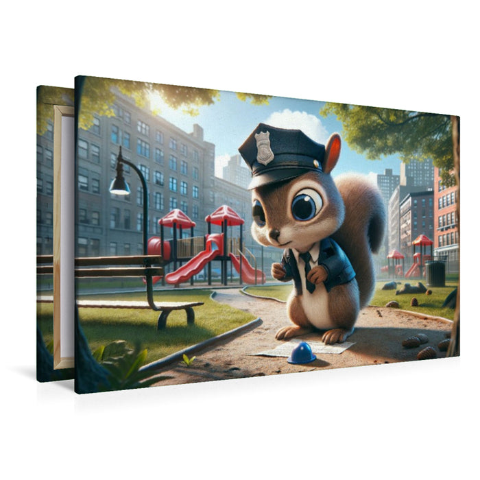 Premium Textil-Leinwand Ordnungshüter des Spielplatzes: Das fleißige Eichhörnchen und sein Polizeibericht