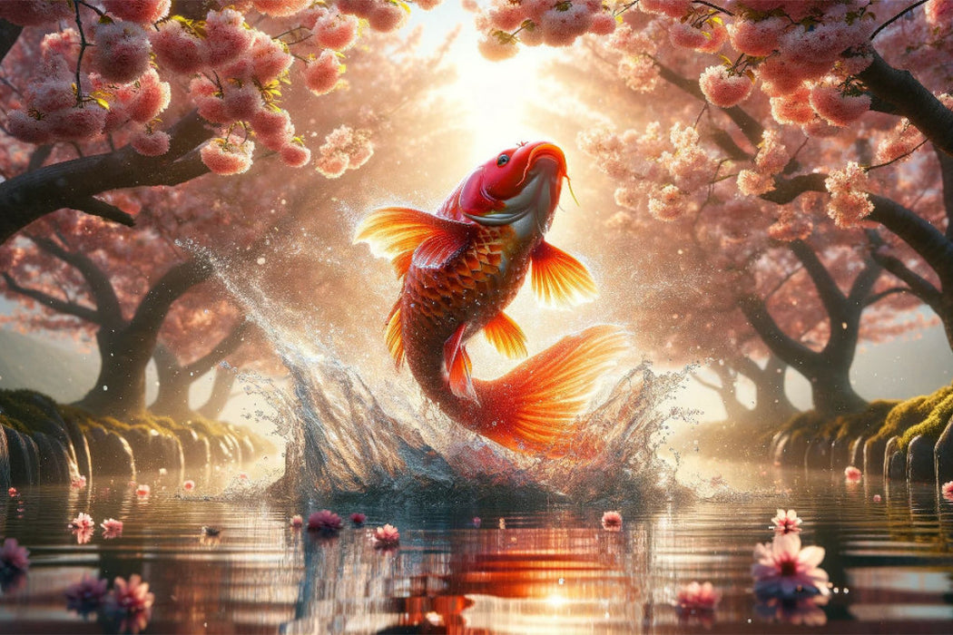 Premium Textil-Leinwand Aufstieg des Koi - Ein Sprung durch die Frühlingsdämmerung