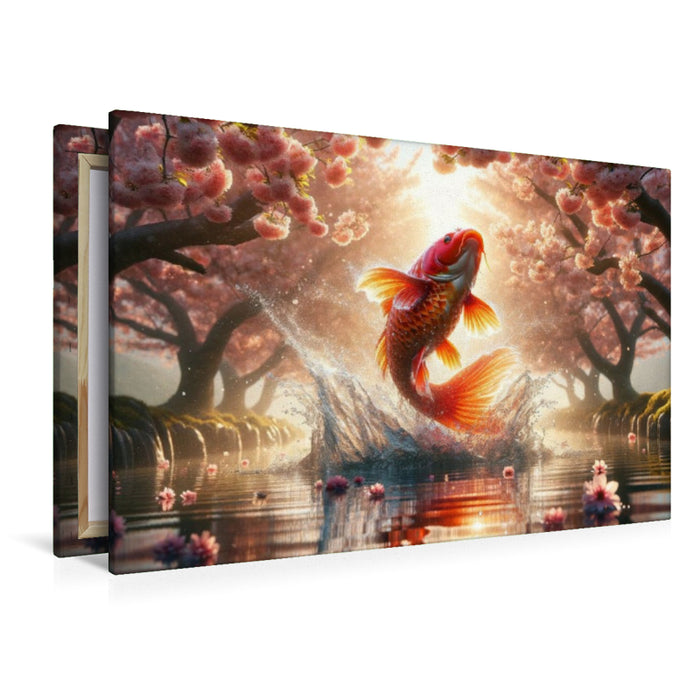 Premium Textil-Leinwand Aufstieg des Koi - Ein Sprung durch die Frühlingsdämmerung