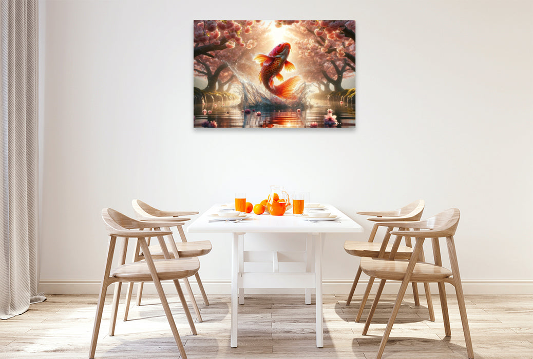 Premium Textil-Leinwand Aufstieg des Koi - Ein Sprung durch die Frühlingsdämmerung