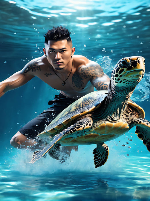 Asiatischer Mann taucht mit einer Wasserschildkröte - CALVENDO Foto-Puzzle'