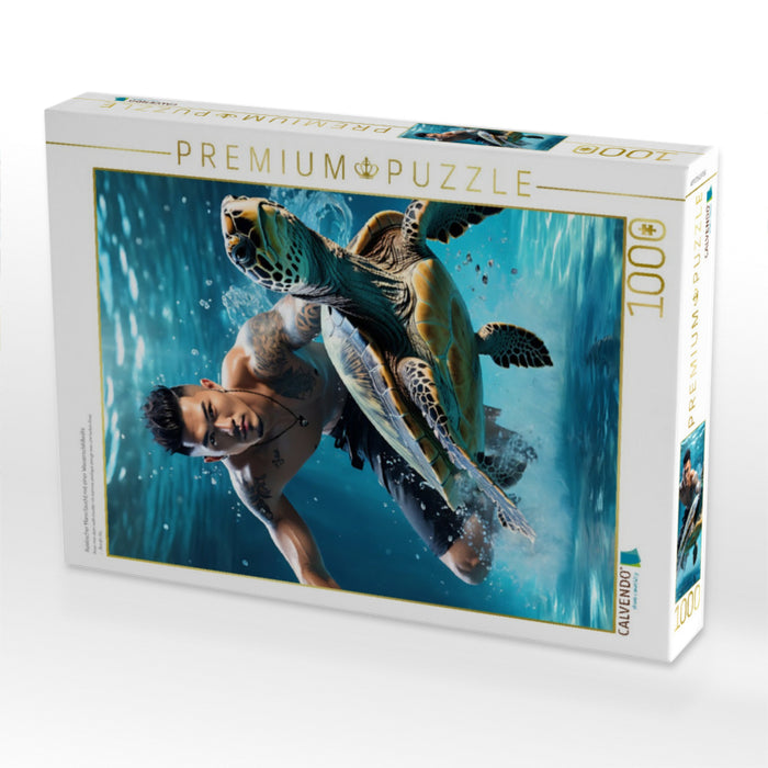 Asiatischer Mann taucht mit einer Wasserschildkröte - CALVENDO Foto-Puzzle'