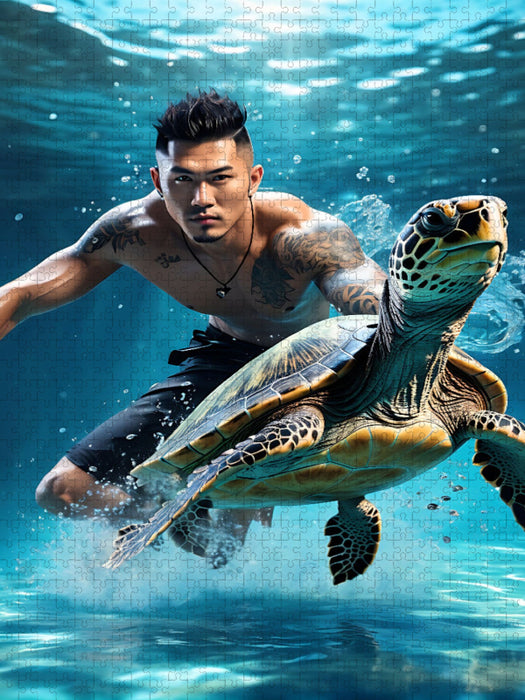Asiatischer Mann taucht mit einer Wasserschildkröte - CALVENDO Foto-Puzzle'