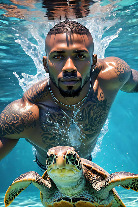 Premium Textil-Leinwand Athletischer Schwimmer mit Wasserschildkröte