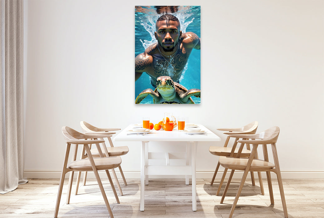 Premium Textil-Leinwand Athletischer Schwimmer mit Wasserschildkröte