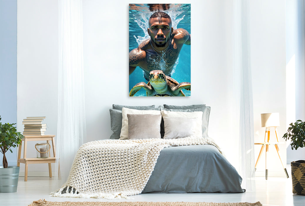 Premium Textil-Leinwand Athletischer Schwimmer mit Wasserschildkröte