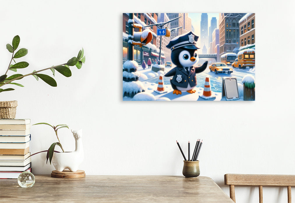 Premium Textil-Leinwand Wächter des Winters: Der Pinguin Polizeikommissar im verschneiten Stadtzentrum