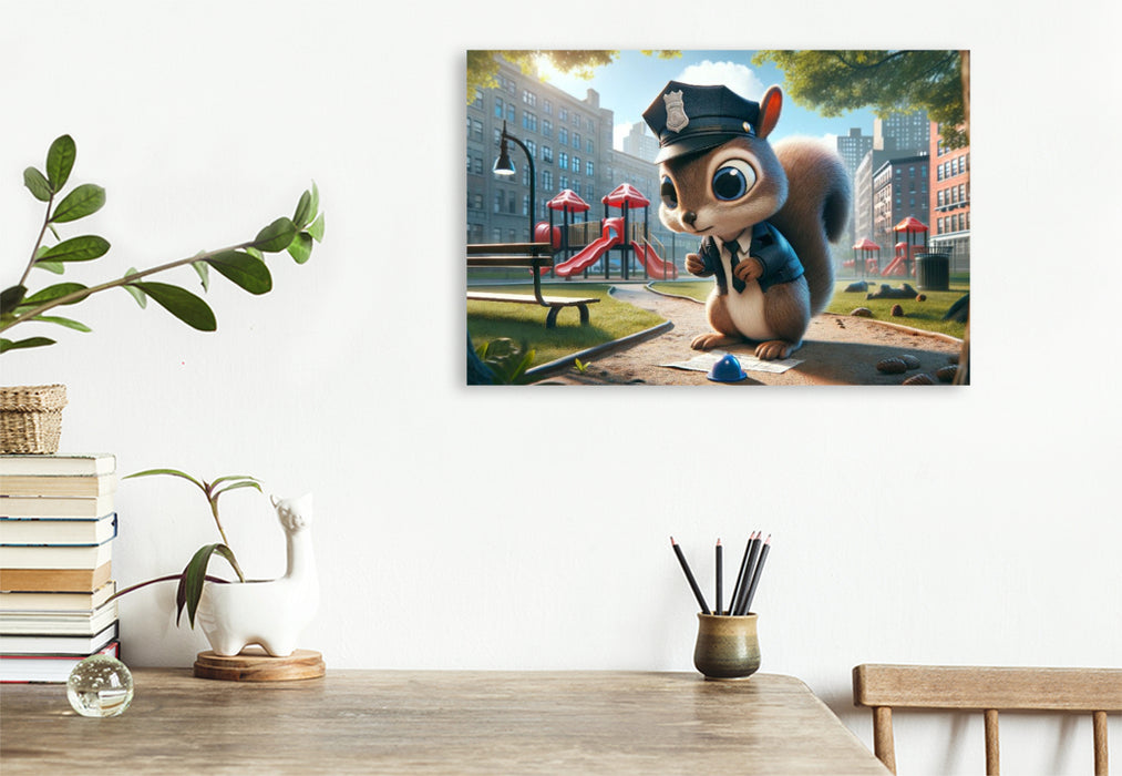 Premium Textil-Leinwand Ordnungshüter des Spielplatzes: Das fleißige Eichhörnchen und sein Polizeibericht