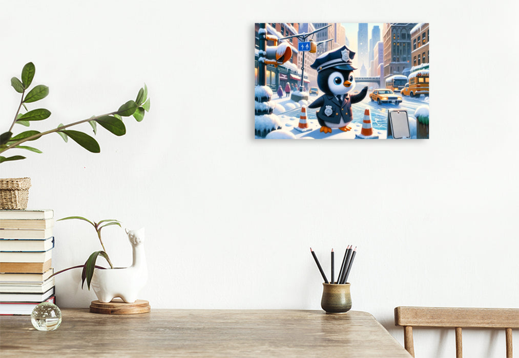 Premium Textil-Leinwand Wächter des Winters: Der Pinguin Polizeikommissar im verschneiten Stadtzentrum