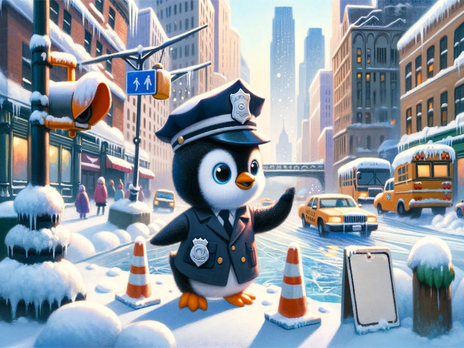 Wächter des Winters: Der Pinguin Polizeikommissar im verschneiten Stadtzentrum - CALVENDO Foto-Puzzle'