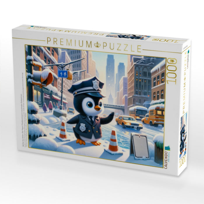 Wächter des Winters: Der Pinguin Polizeikommissar im verschneiten Stadtzentrum - CALVENDO Foto-Puzzle'