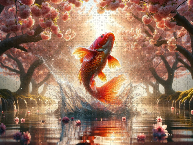 Aufstieg des Koi - Ein Sprung durch die Frühlingsdämmerung - CALVENDO Foto-Puzzle'