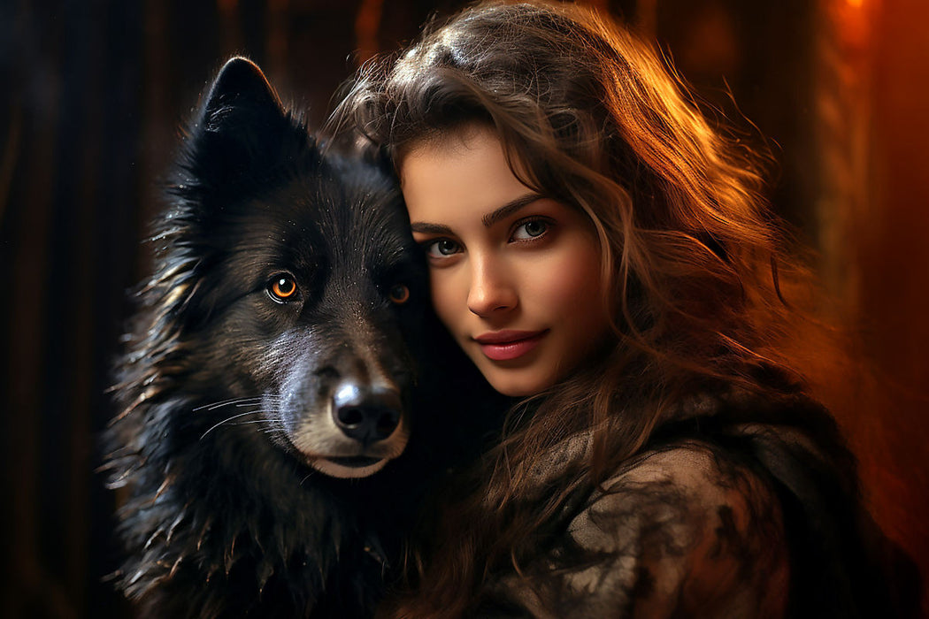 Premium Textil-Leinwand Junge Frau mit schwarzem Wolf
