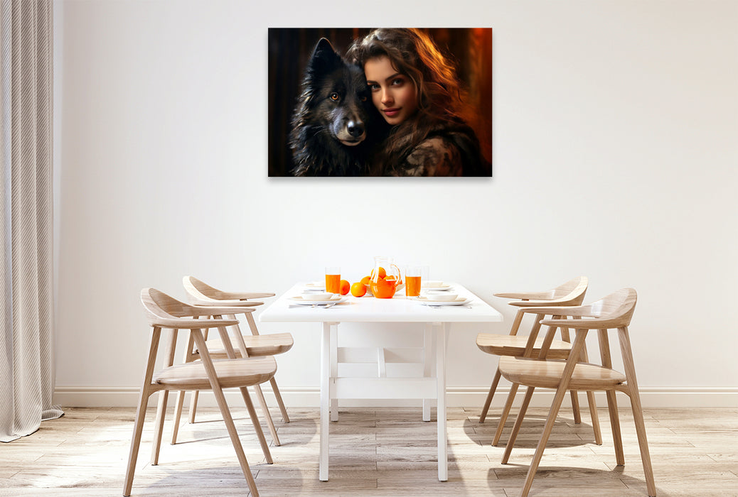 Premium Textil-Leinwand Junge Frau mit schwarzem Wolf