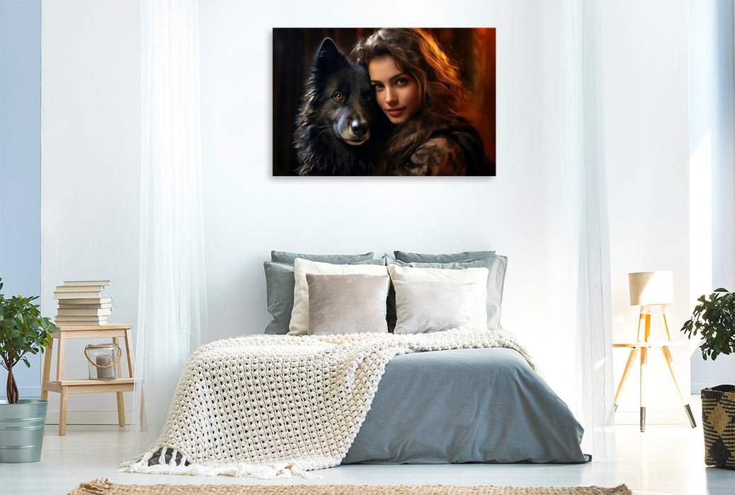 Premium Textil-Leinwand Junge Frau mit schwarzem Wolf