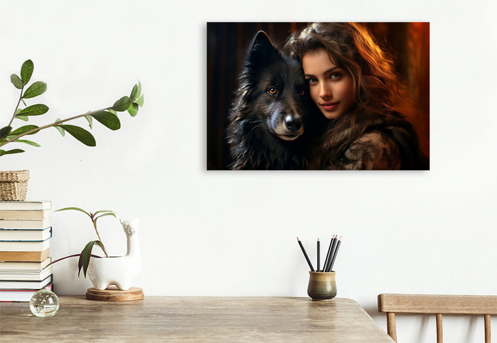 Premium Textil-Leinwand Junge Frau mit schwarzem Wolf