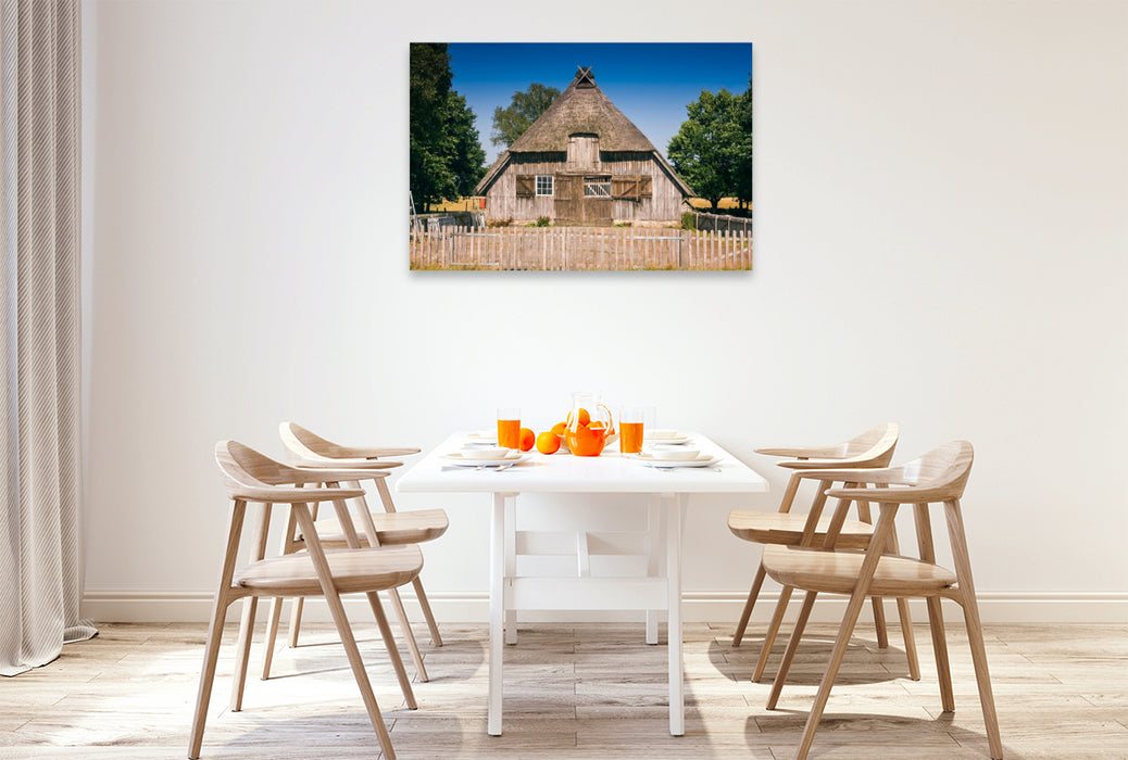 Premium Textil-Leinwand Schafstall bei Niederhaverbeck,Deutschland