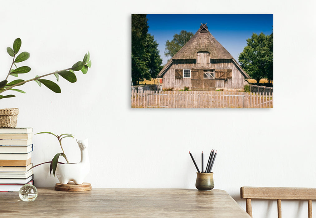 Premium Textil-Leinwand Schafstall bei Niederhaverbeck,Deutschland