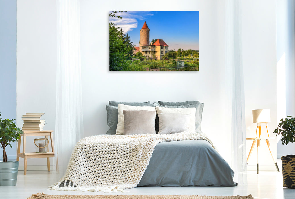 Premium Textil-Leinwand Salwartenturm mit ehemaligem Eckzwingerstand, Dinkelsbühl, Deutschland