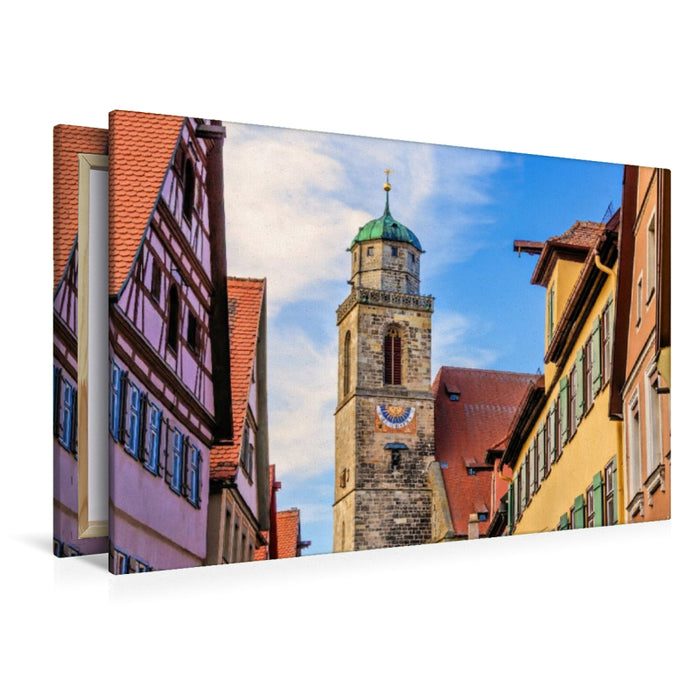 Premium Textil-Leinwand Turm des Münster St. Georg zwischen historischen Altstadthäusern, Dinkelsbühl