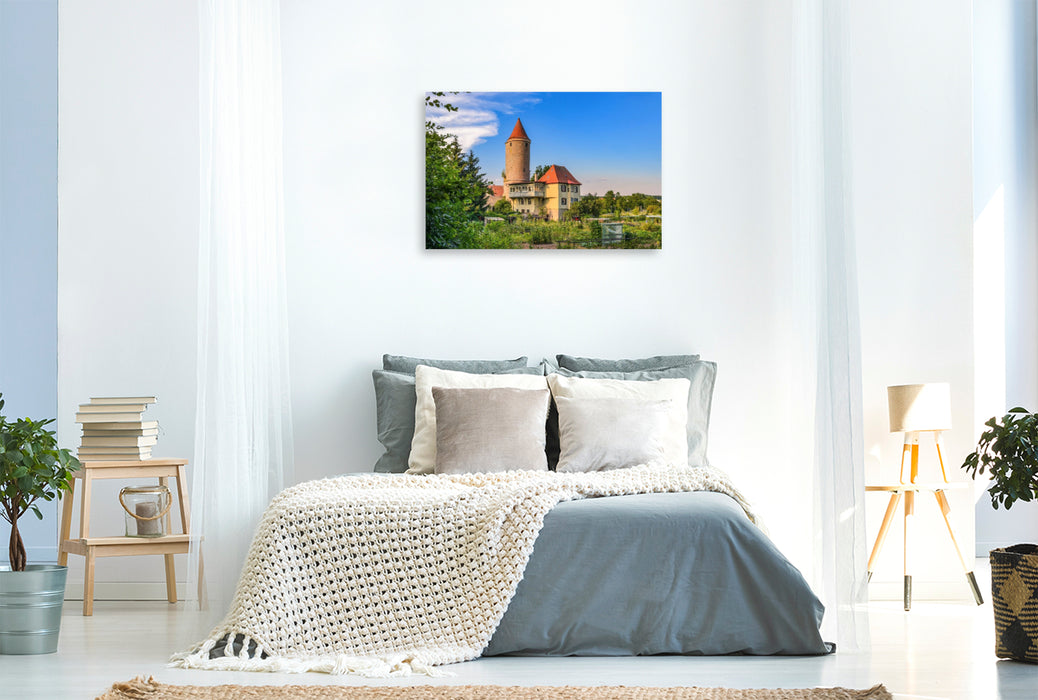 Premium Textil-Leinwand Salwartenturm mit ehemaligem Eckzwingerstand, Dinkelsbühl, Deutschland