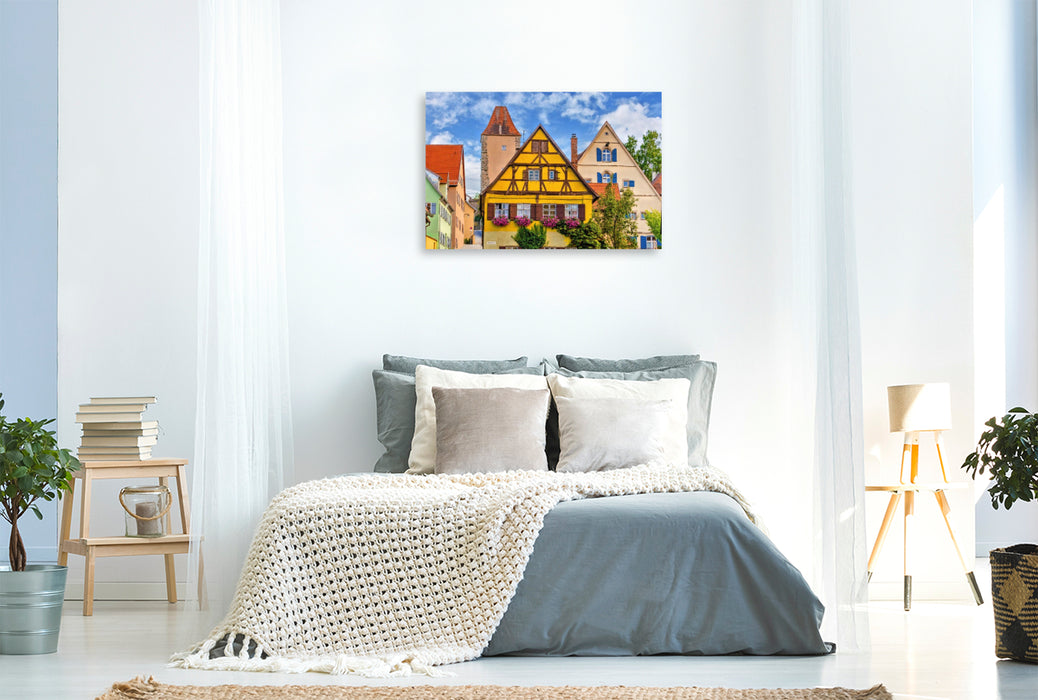 Premium Textil-Leinwand Historische Häuser mit Weißem Turm in Dinkelsbühl, Deutschland