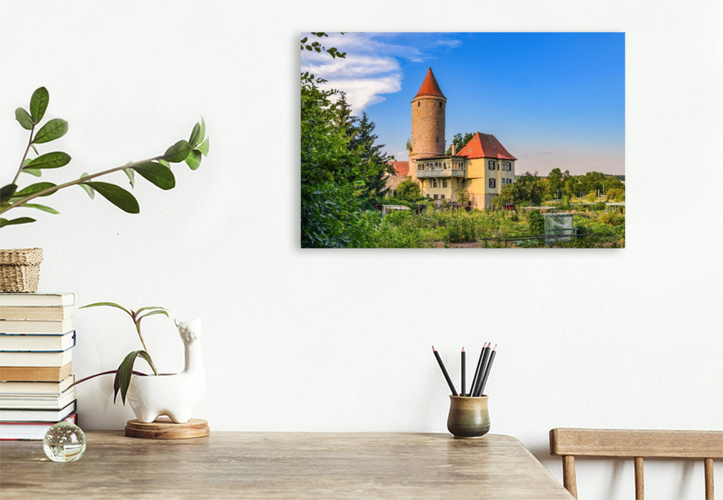 Premium Textil-Leinwand Salwartenturm mit ehemaligem Eckzwingerstand, Dinkelsbühl, Deutschland