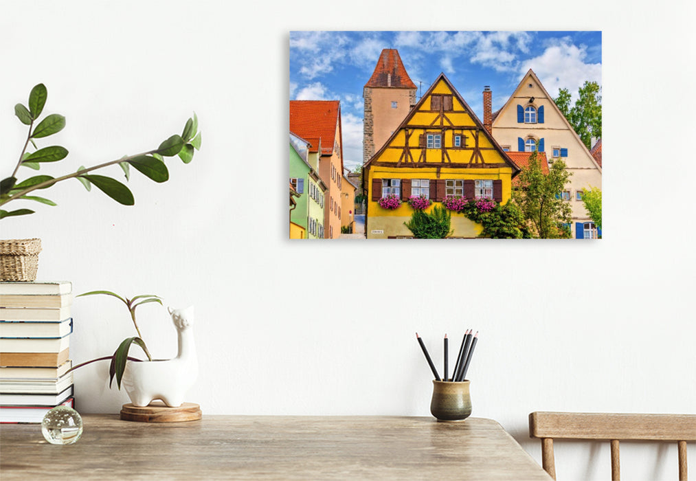 Premium Textil-Leinwand Historische Häuser mit Weißem Turm in Dinkelsbühl, Deutschland