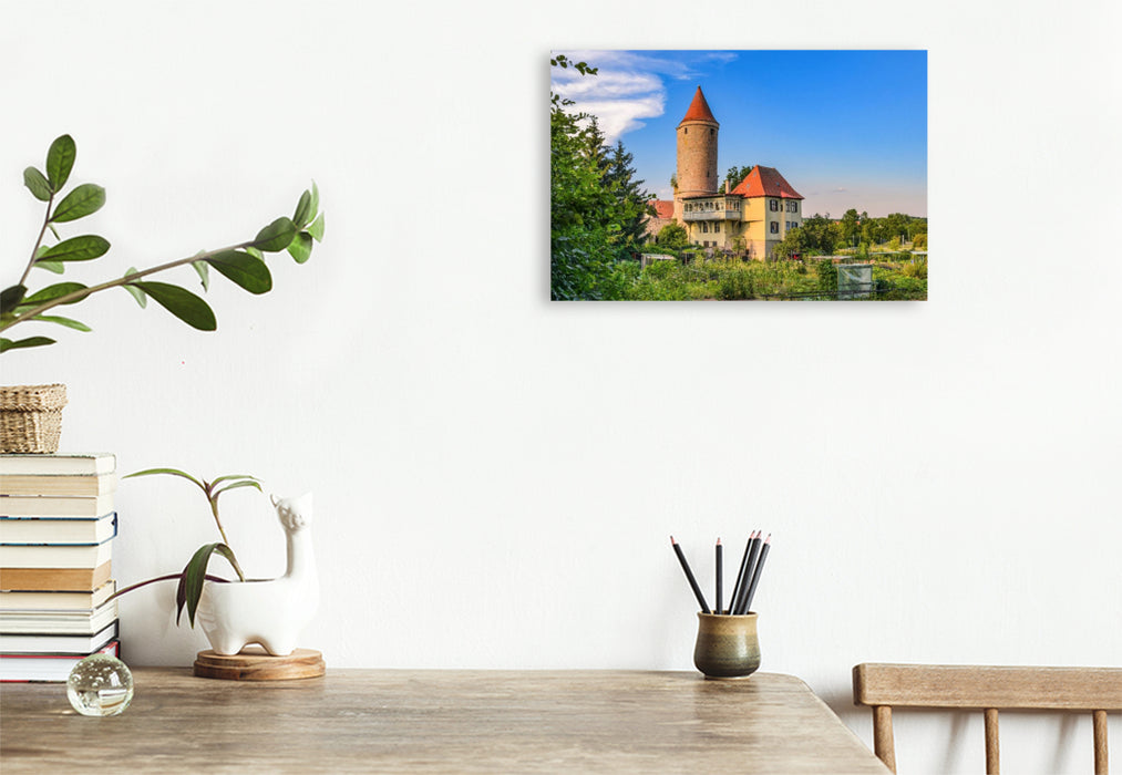 Premium Textil-Leinwand Salwartenturm mit ehemaligem Eckzwingerstand, Dinkelsbühl, Deutschland