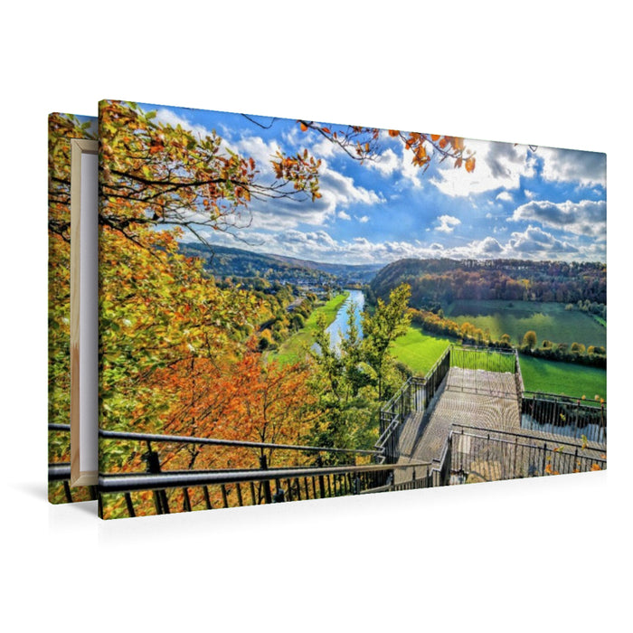 Premium Textil-Leinwand Blick auf Bad Karlshafen vom Weser-Skywalk auf den Hannoverschen Klippen, Weserbergland, Deutschland