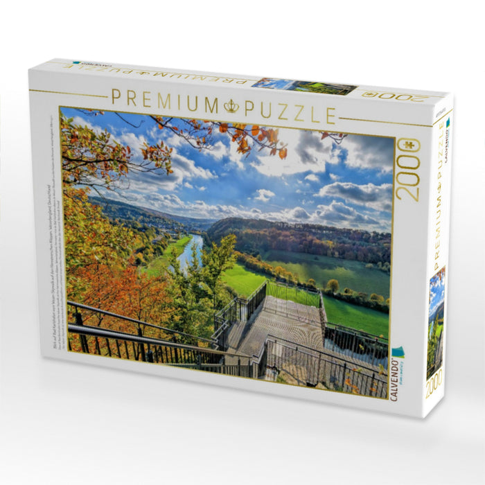 Blick auf Bad Karlshafen vom Weser-Skywalk auf den Hannoverschen Klippen, Weserbergland, Deutschland - CALVENDO Foto-Puzzle'