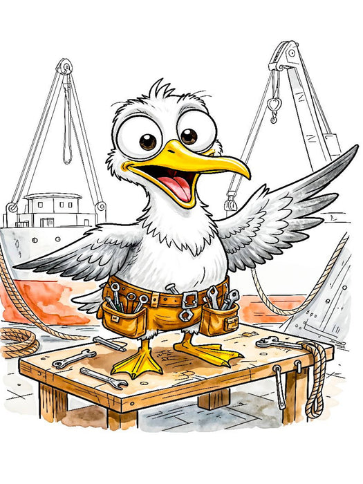 Comic‑Möwe als Werft‑Handwerker am Meer - CALVENDO Foto-Puzzle'