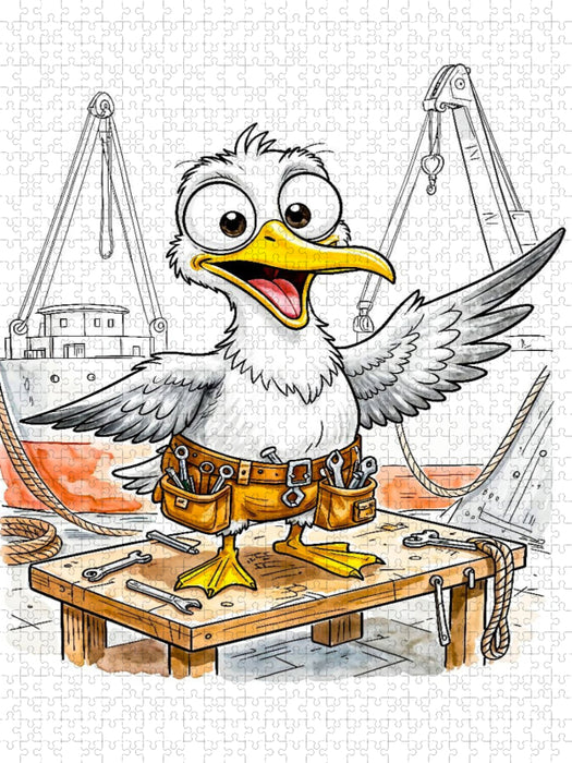 Comic‑Möwe als Werft‑Handwerker am Meer - CALVENDO Foto-Puzzle'