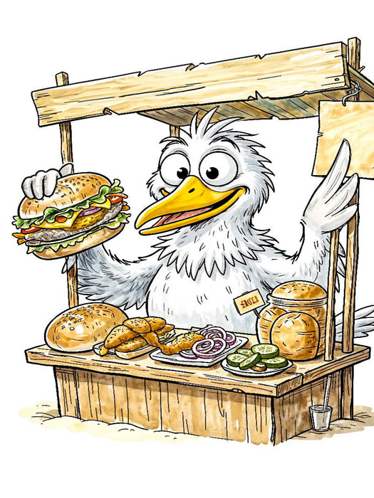 Comic‑Möwe am Fischbrötchenstand an der Küste - CALVENDO Foto-Puzzle'