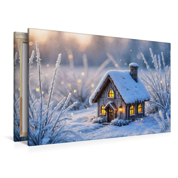 Premium Textil-Leinwand Winter-Feenhäuschen am See