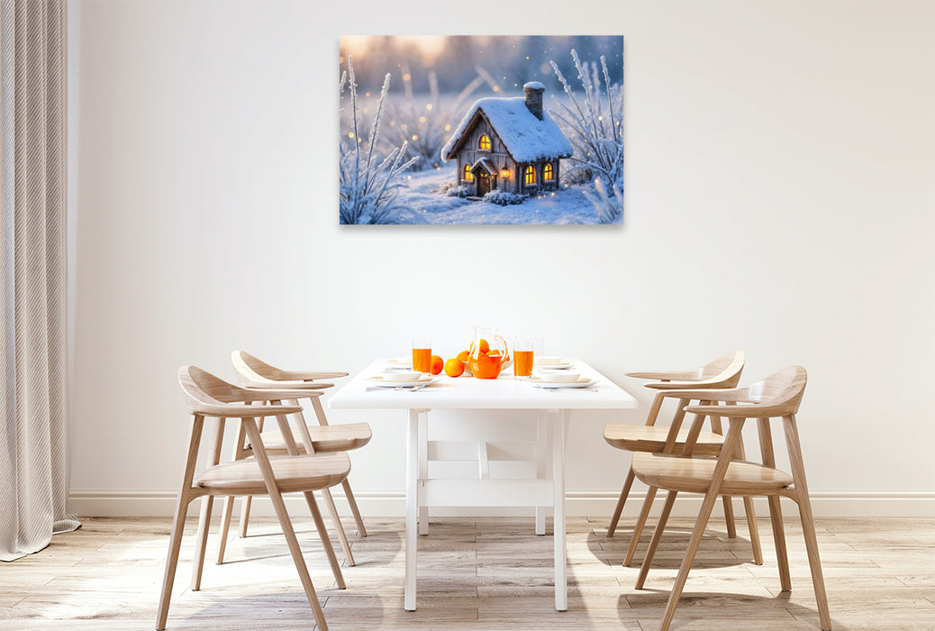 Premium Textil-Leinwand Winter-Feenhäuschen am See