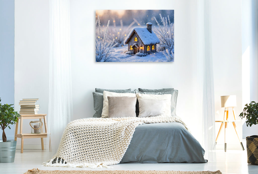 Premium Textil-Leinwand Winter-Feenhäuschen am See