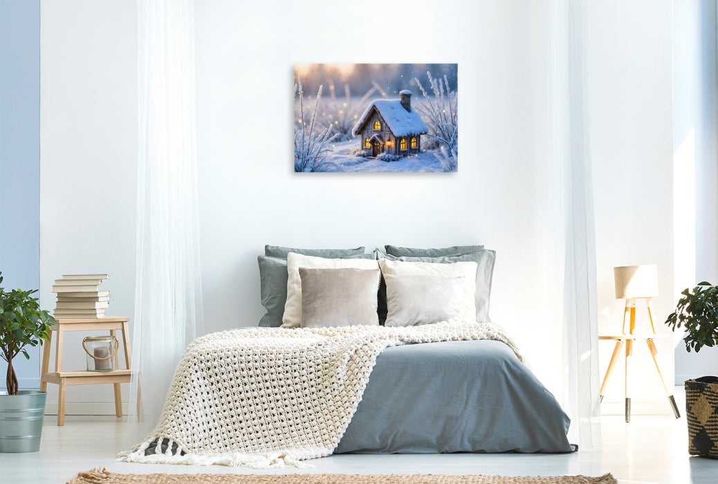Premium Textil-Leinwand Winter-Feenhäuschen am See