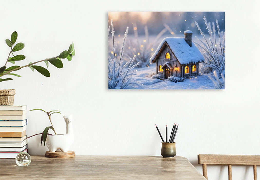 Premium Textil-Leinwand Winter-Feenhäuschen am See