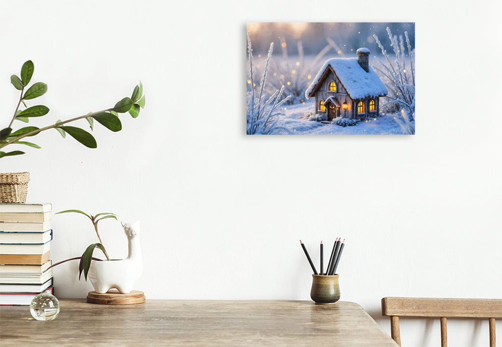 Premium Textil-Leinwand Winter-Feenhäuschen am See