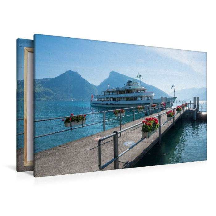 Premium Textil-Leinwand Schiffsanlegestelle Faulensee, Thunersee