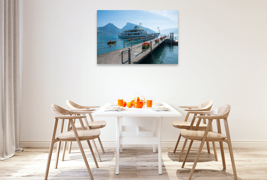 Premium Textil-Leinwand Schiffsanlegestelle Faulensee, Thunersee