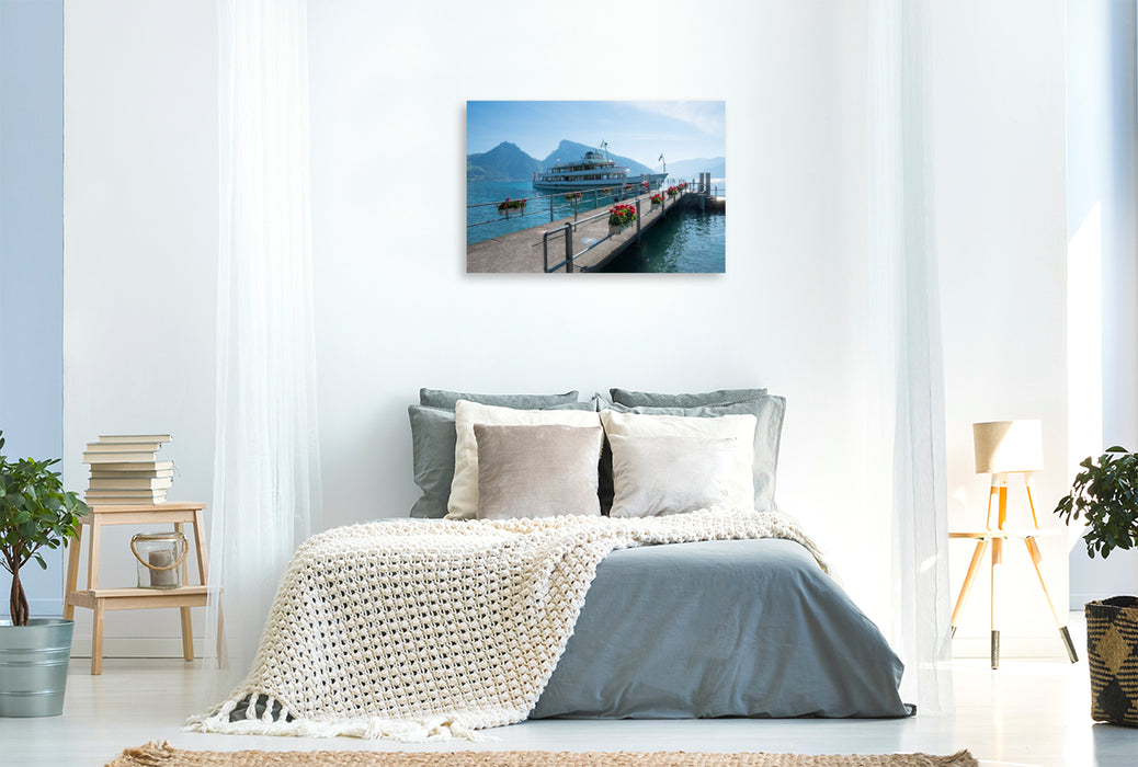 Premium Textil-Leinwand Schiffsanlegestelle Faulensee, Thunersee