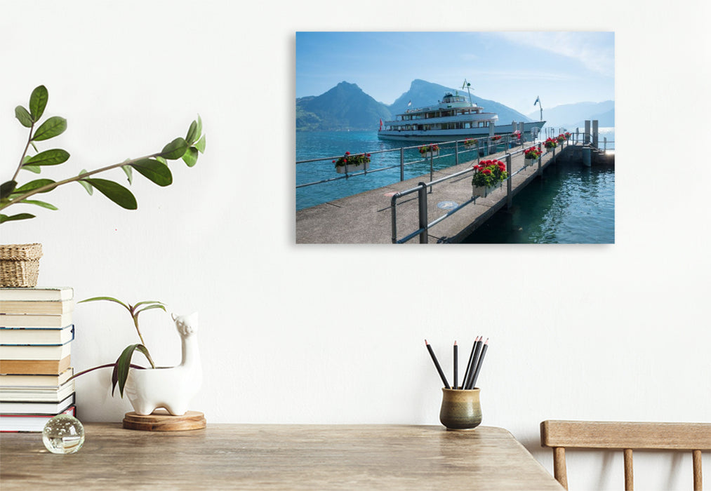 Premium Textil-Leinwand Schiffsanlegestelle Faulensee, Thunersee