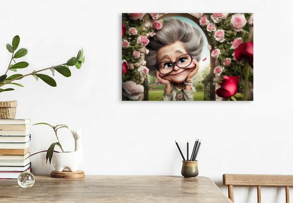 Premium Textil-Leinwand Oma und die Rosen