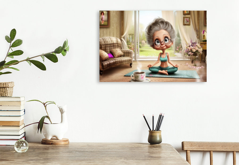 Premium Textil-Leinwand Oma macht Yoga